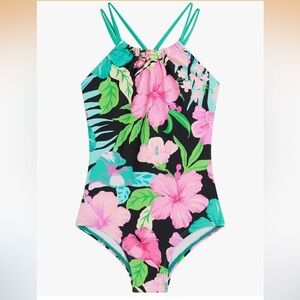 NWT Kanu Surf Pink and Green Floral Girls Halter size 8